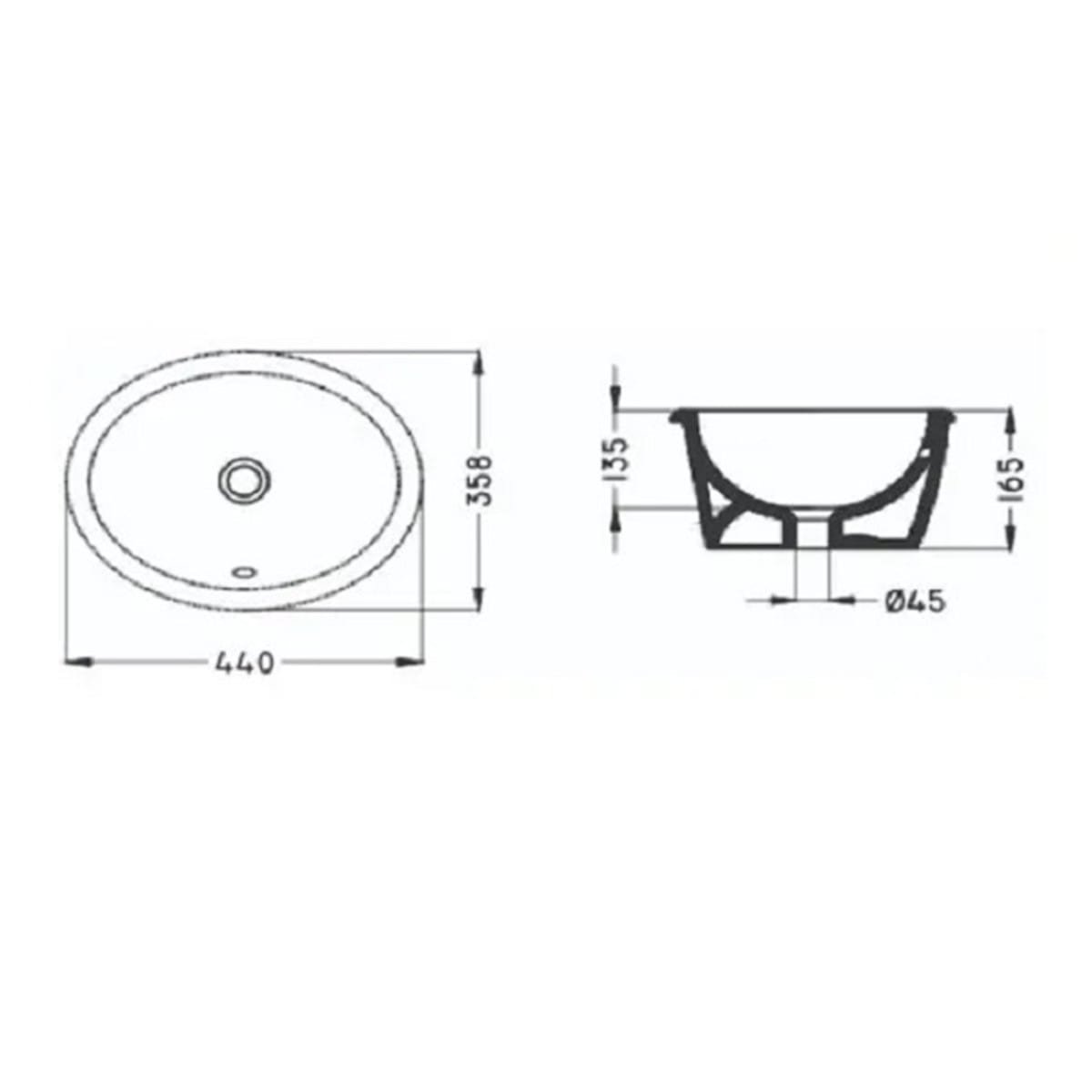 Cordenons Bacha Oval Lisa Embutir - Medidas