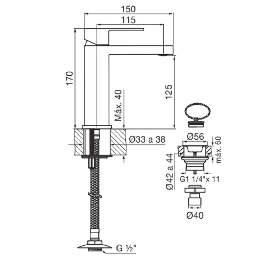 FV Dominic Lavatorio Monocomando Pico Bajo 0181_85N-CR - Medidas